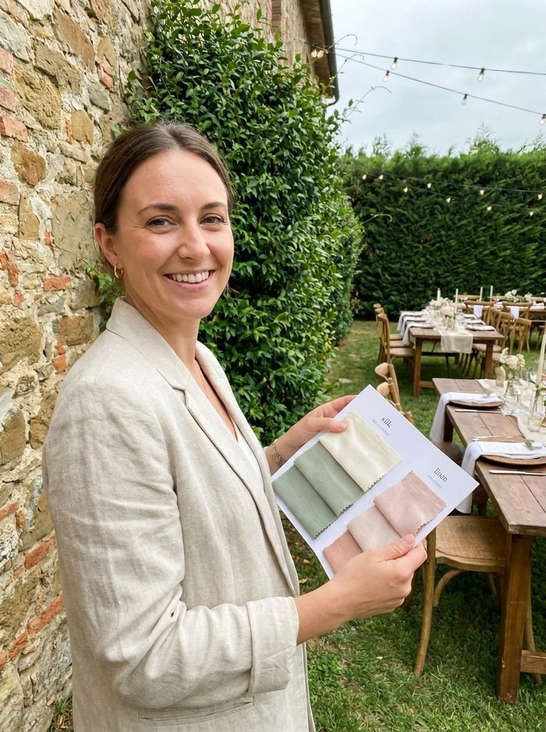 Woman holding fabric swatches against a stone wall and hedge at a wedding venue
