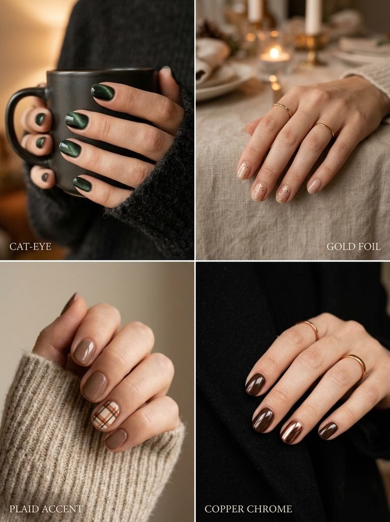 A solid knit set, a simple black dress or a head-to-toe neutral look leaves room for the nails to do some of the work.