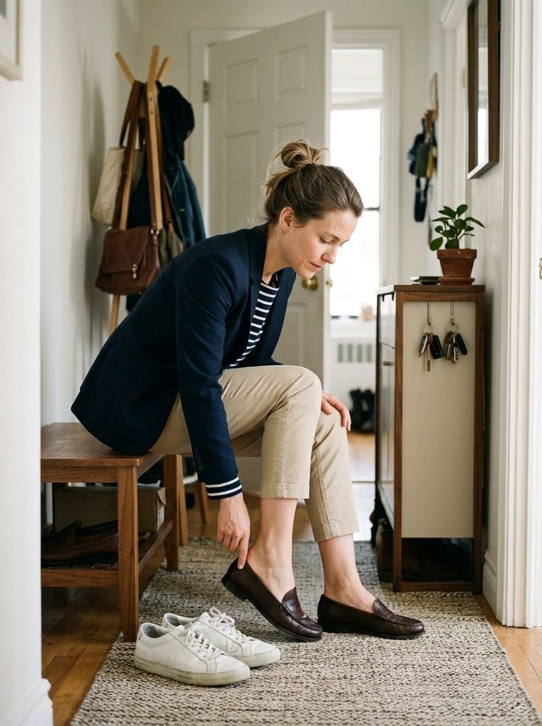 Woman adding a navy blazer and swapping sneakers for loafers to dress up a smart casual outfit