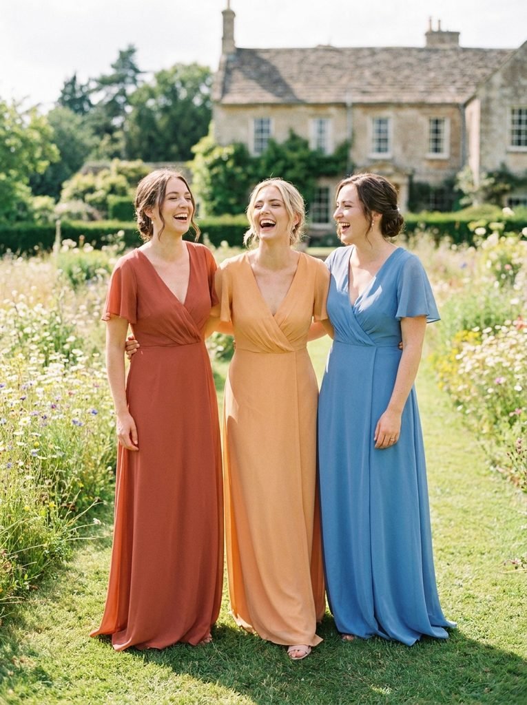 Bridesmaids in terracotta, apricot, and cornflower dresses laughing on a sunny summer lawn