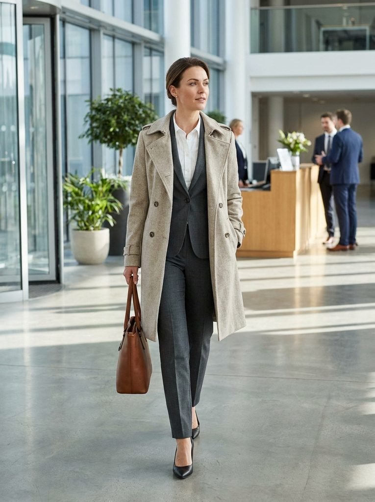 Woman in a stone trench coat over a grey suit and white shirt walking through an office lobby