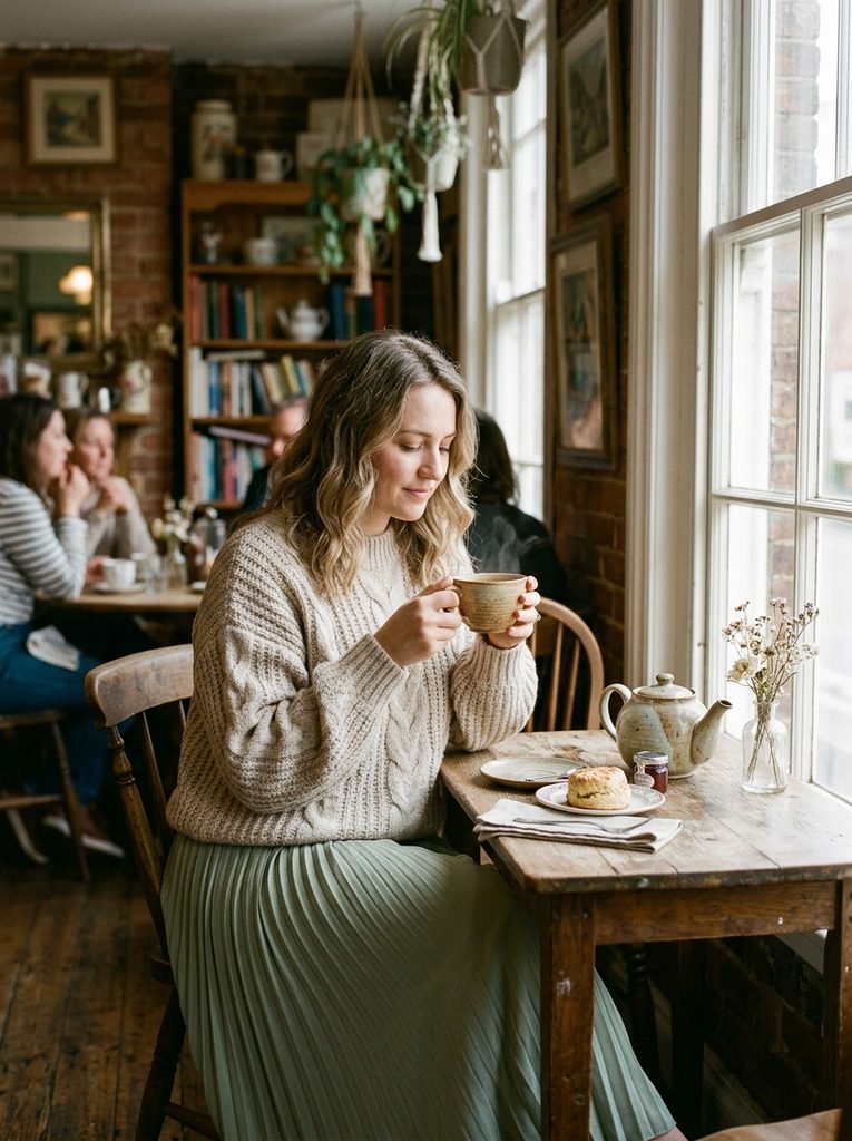 Woman in an oatmeal knit sweater and sage pleated skirt having tea in a cosy tearoom