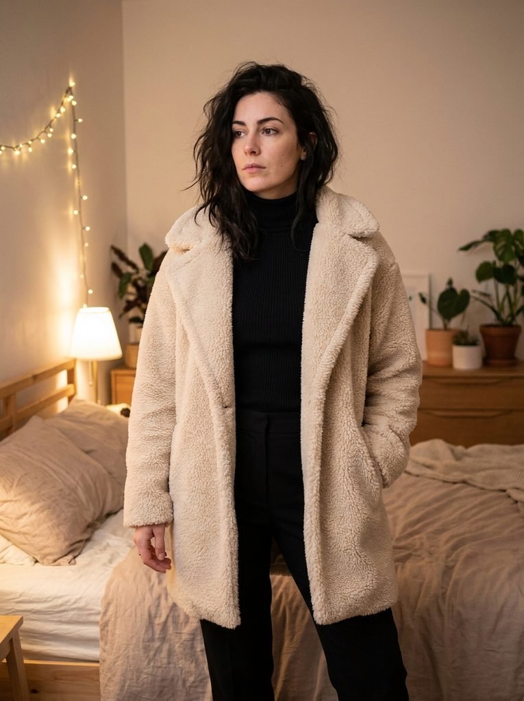 Cream teddy coat worn with a black turtleneck and black trousers in a softly lit bedroom