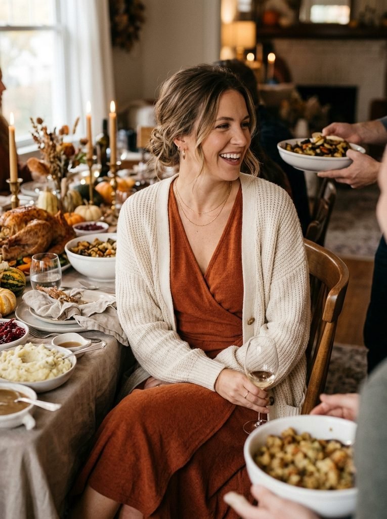 Woman in a rust wrap dress and cream cardigan seated at a Thanksgiving dinner table, styled in a comfortable chic Thanksgiving outfit