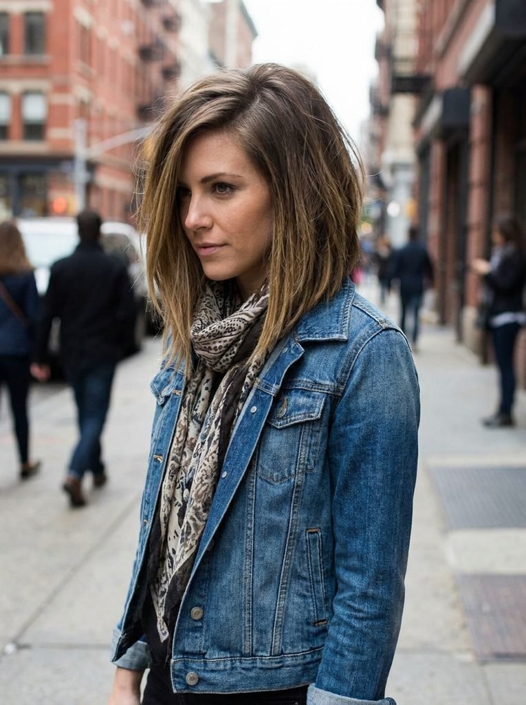 A-line lob haircut longer in front with a deep side part, seen in a street-style photo