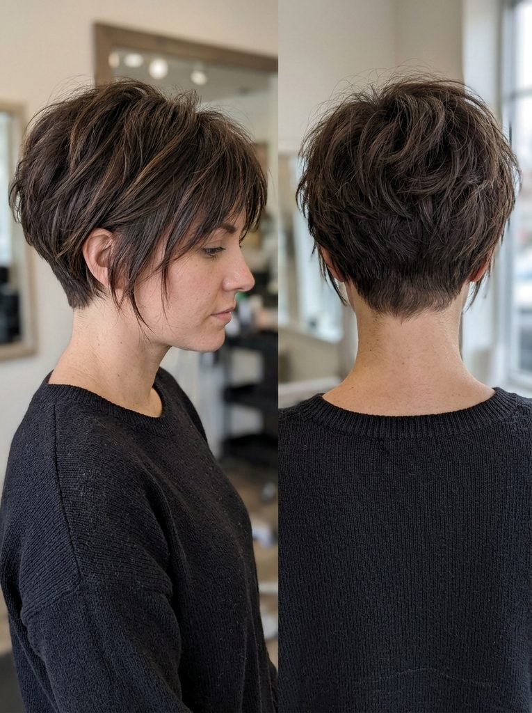 Side and back view of a bixie cut with a short tapered nape and longer crown