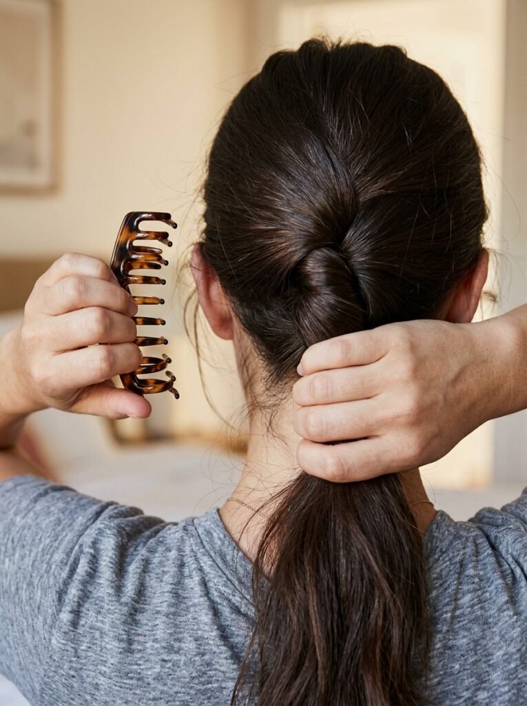 Hands twisting hair at the nape while holding an open claw clip ready to secure the twist
