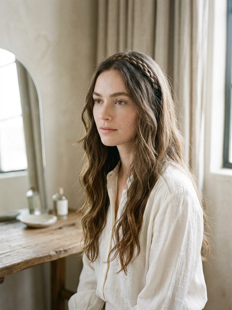 Long wavy hair with a delicate braided headband for an understated office hairstyle.