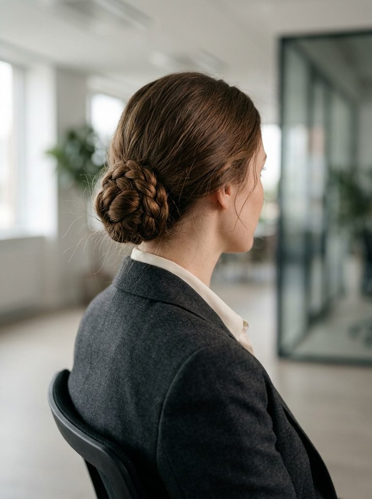 Woman wearing a compact braided low bun at the nape with a charcoal blazer for formal office wear.