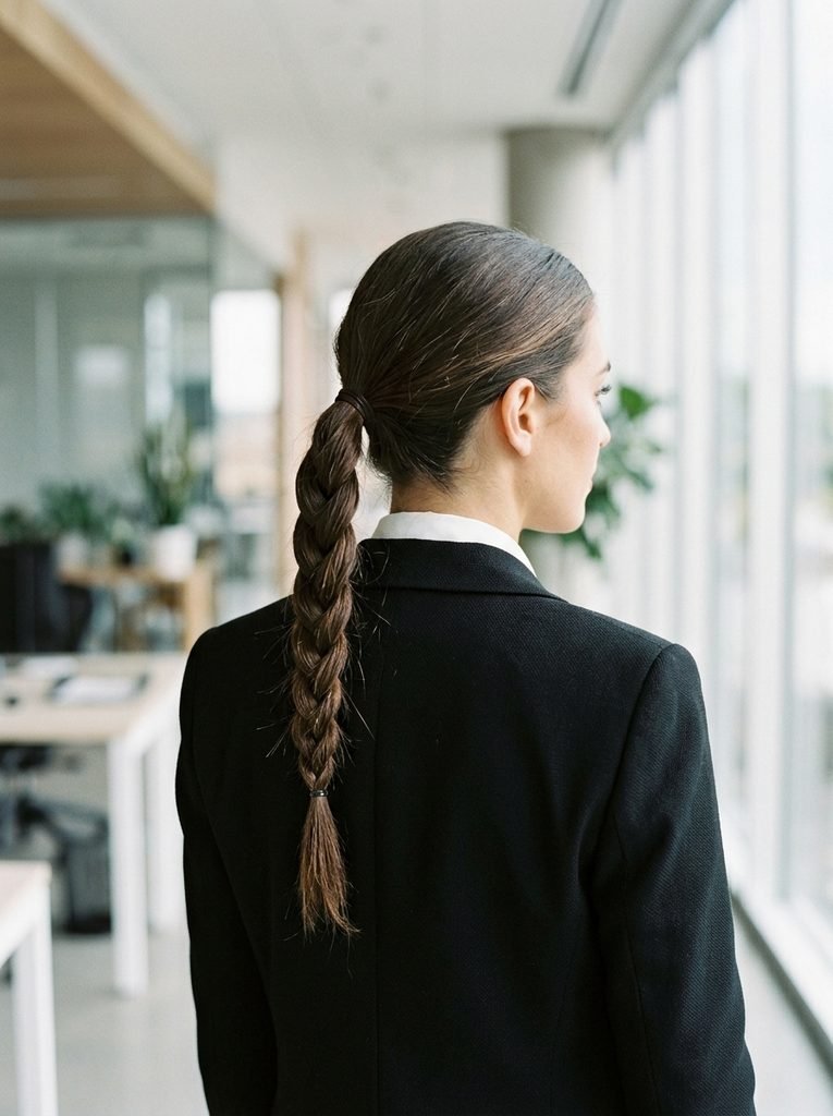 Neat braided ponytail hairstyle with a white shirt and black blazer for the workplace.