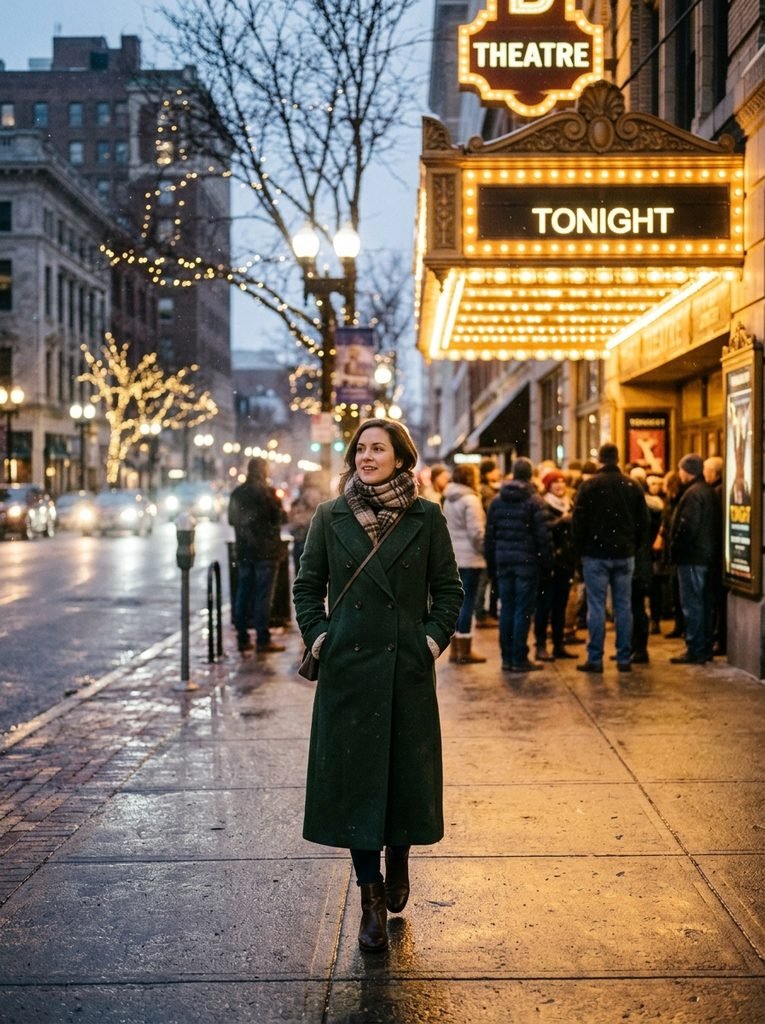 Woman in a long wool coat, scarf, and ankle boots on a winter evening street before a theatre show