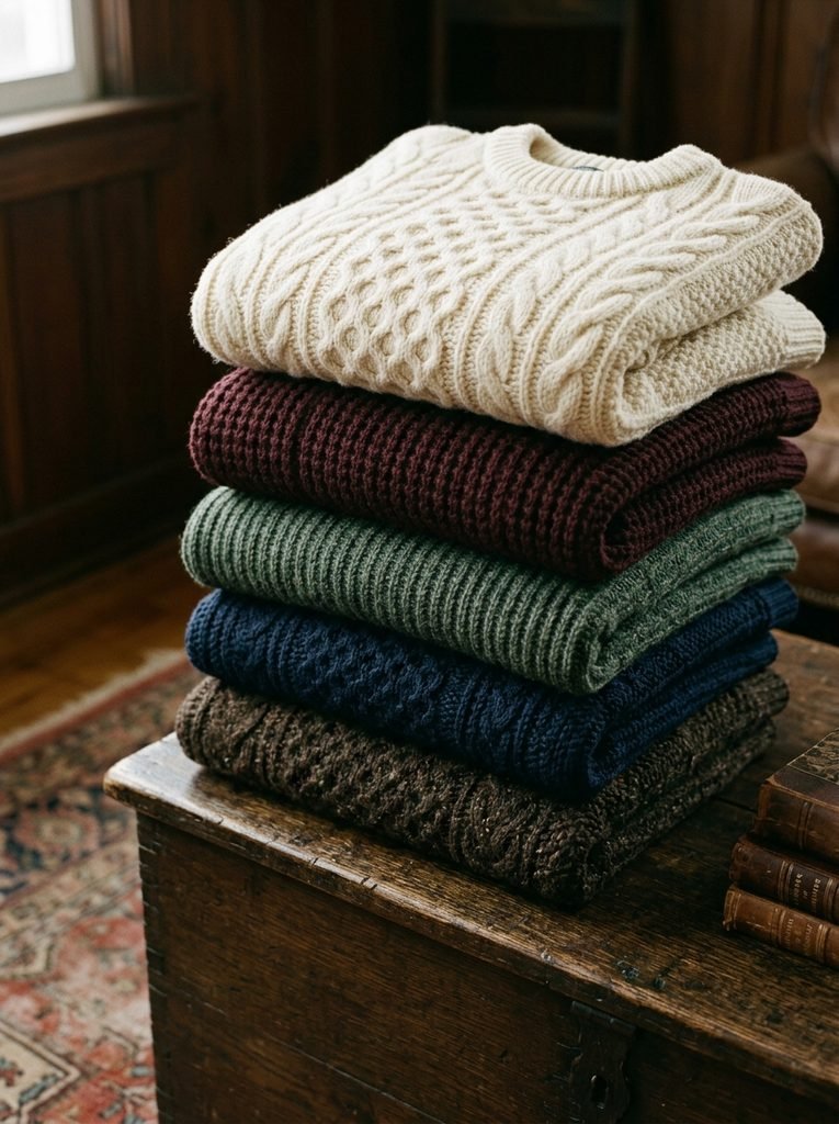 Stack of navy, green, cream, brown, and oxblood knits showing a muted old money color palette