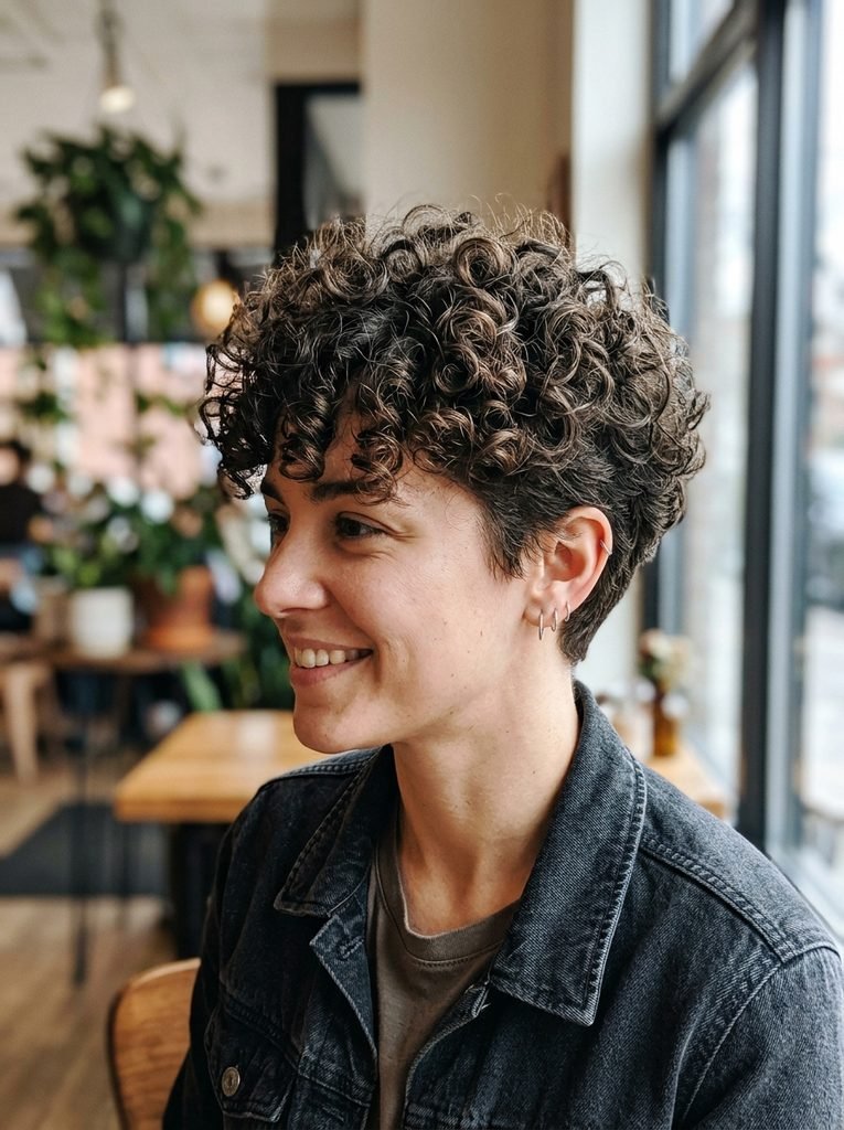 Curly bixie cut with defined curls on top and short tapered sides