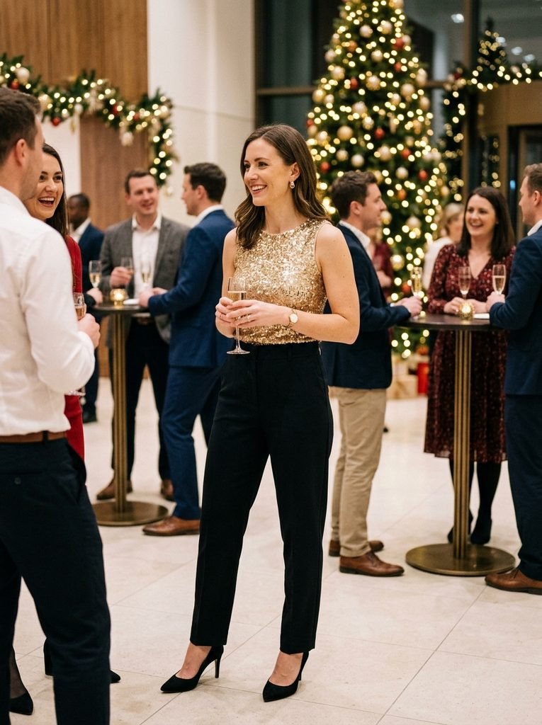 gold sequin top with black tailored trousers at a work Christmas