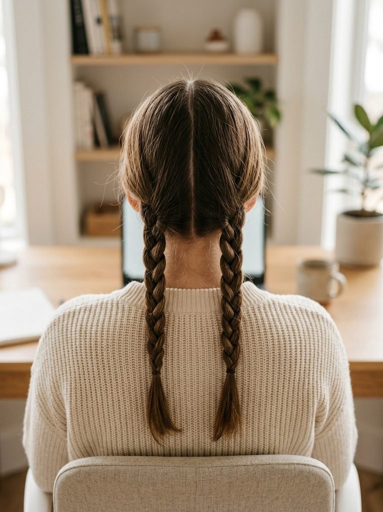 Two neat low braids with a centre part for a practical business-casual hairstyle.