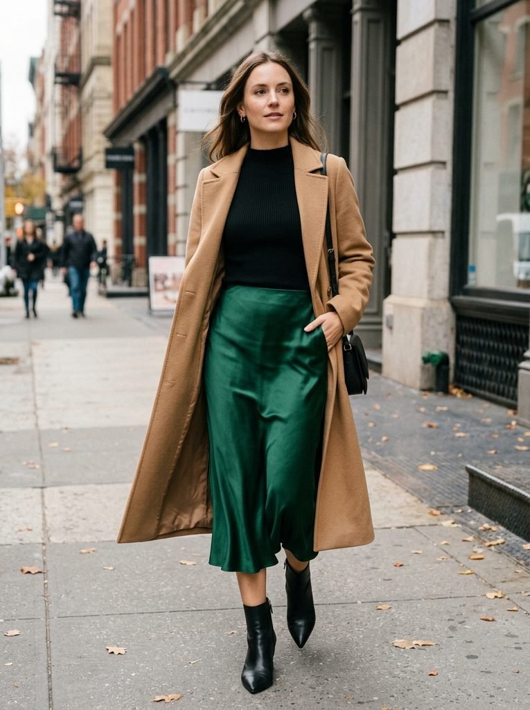 green satin midi skirt with black knit top revealed after removing a camel coat at a coat check