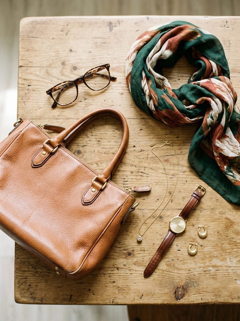 Flat lay of a leather handbag, glasses, scarf, pendant, earrings, and watch on a wooden table
