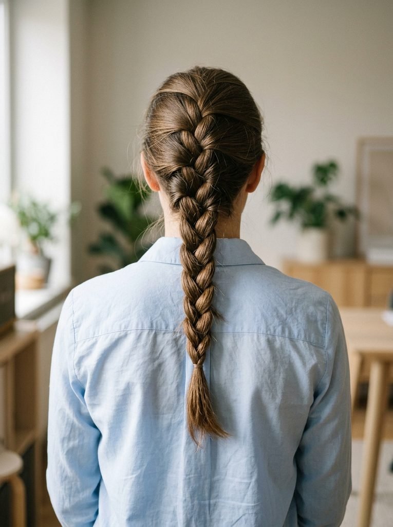 Classic French braid starting at the crown and running down the back for a neat work hairstyle.