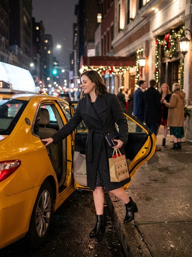 woman in belted wool coat and ankle boots getting into a taxi after a work Christmas party