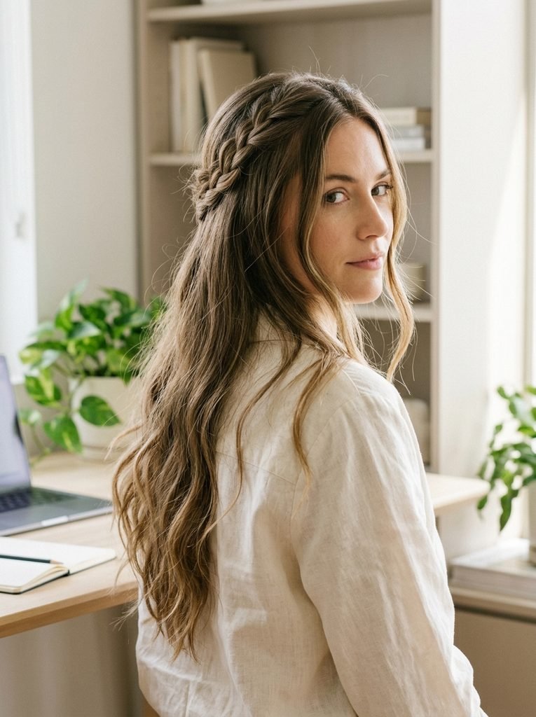 Half-up braided hairstyle with loose waves and a cream blouse for an easy professional look.
