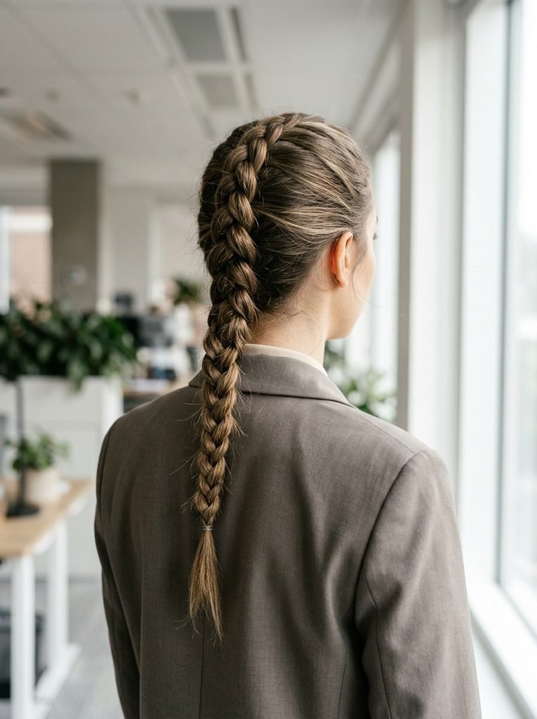 Single raised Dutch braid worn with a taupe blazer for a neat workplace hairstyle.