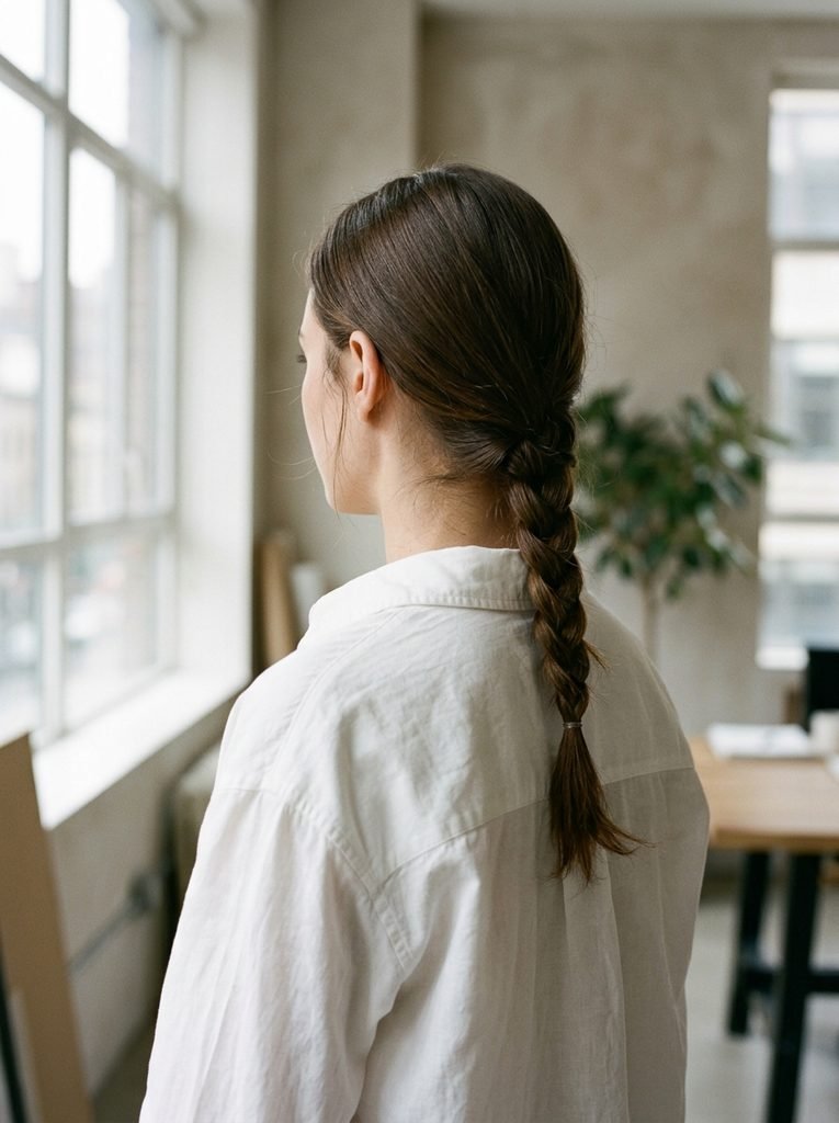 Woman wearing a neat low nape braid with a white blouse for a professional office hairstyle.