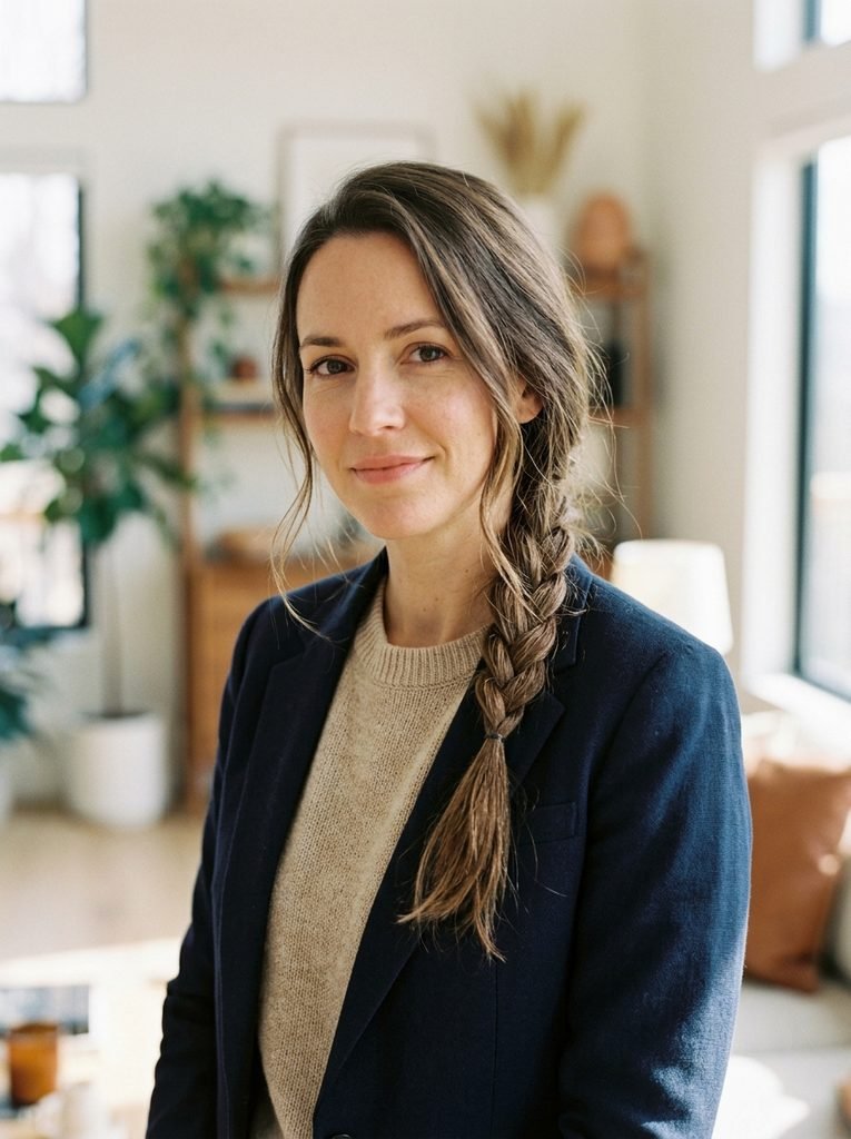 Classic side-braided hairstyle draped over one shoulder with a beige top and tailored blazer.