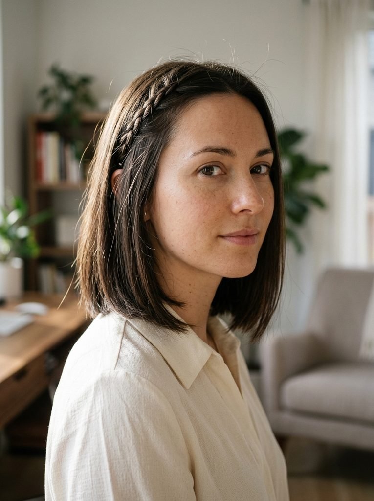 Shoulder-length bob with a small side accent braid pinned behind the ear for work.