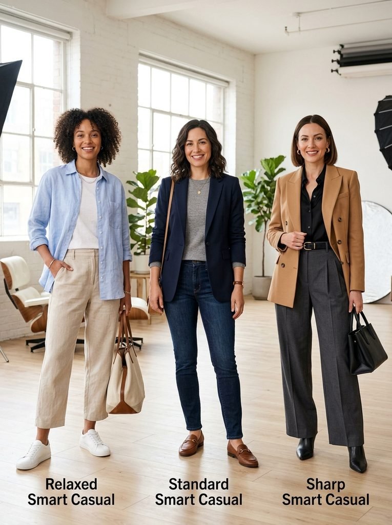 Three women showing relaxed, standard, and sharp smart casual outfits in a bright studio