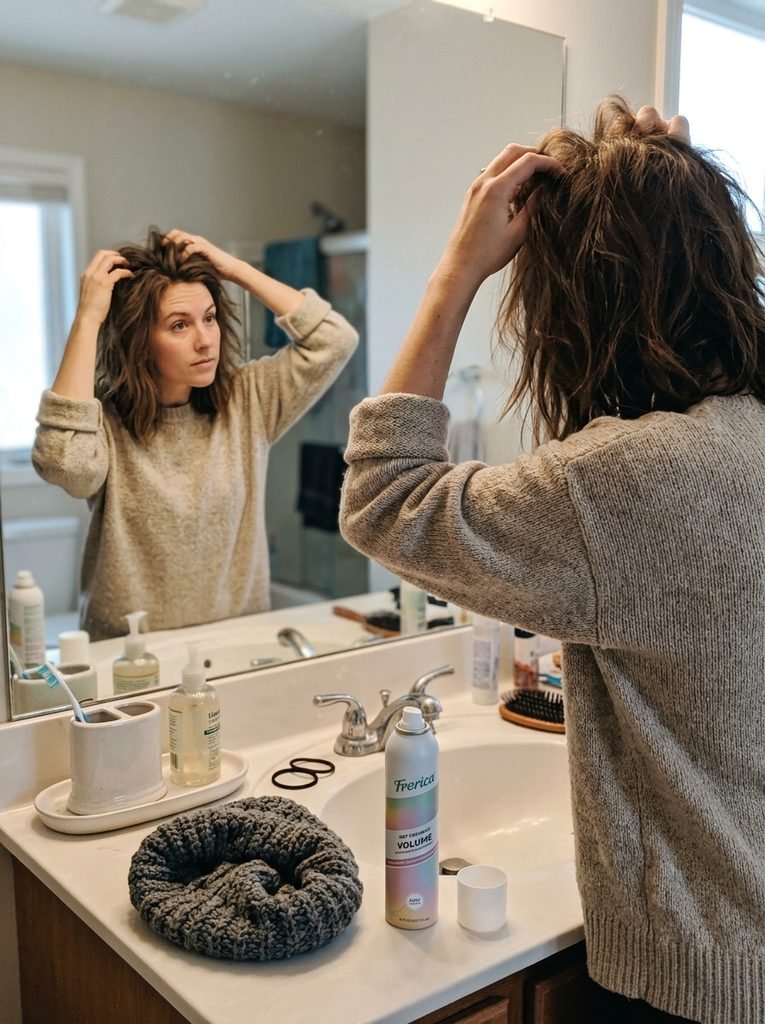 Woman lifting the roots of her hair at a mirror after taking off a beanie with dry shampoo on the counter