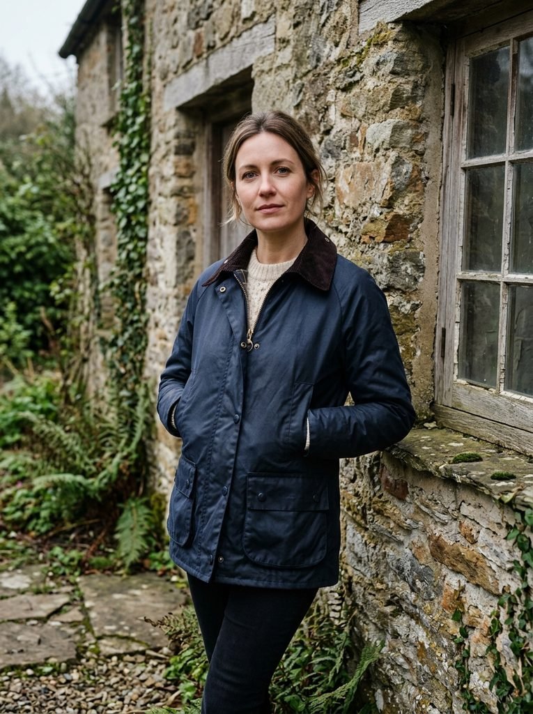 Woman wearing a navy waxed jacket with corduroy collar beside a stone cottage wall