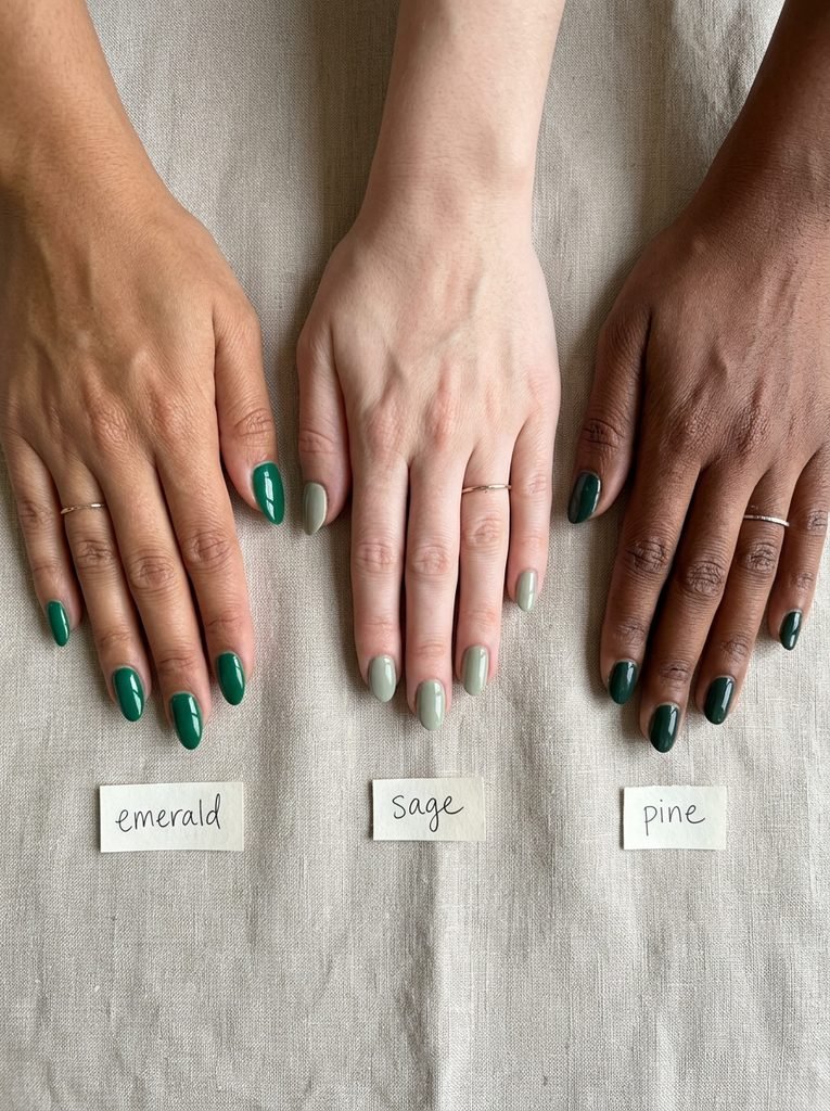 Three hands showing emerald, sage, and pine green nail polish shades side by side