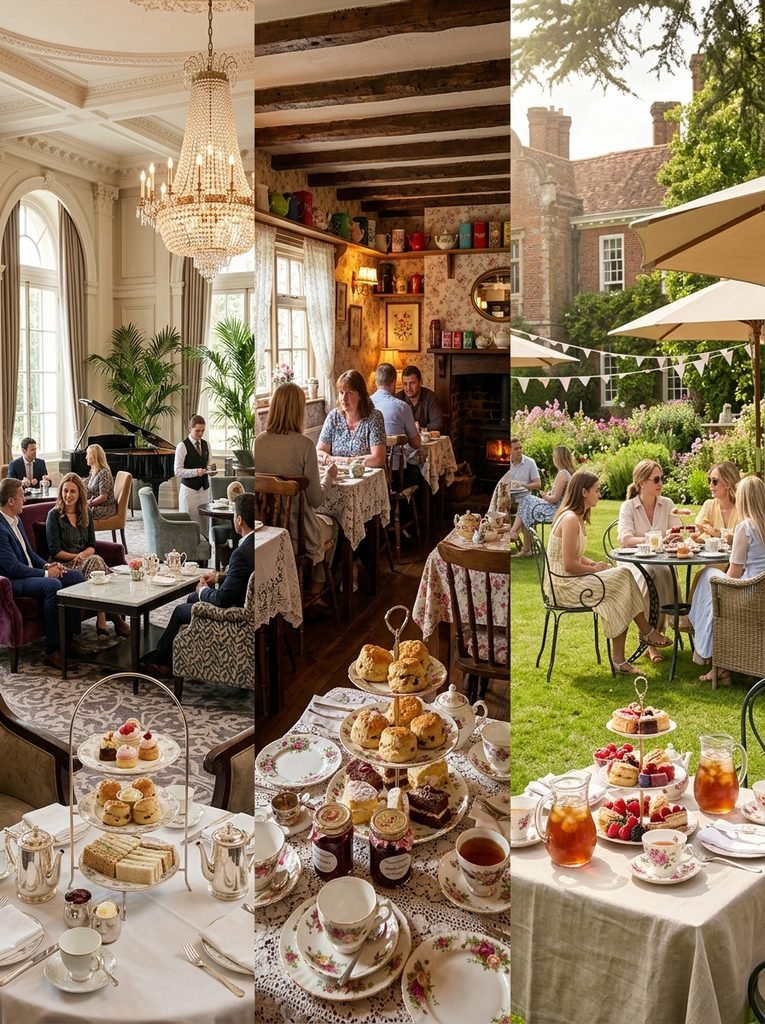 Hotel lounge, cosy tearoom, and garden lawn afternoon tea settings shown side by side