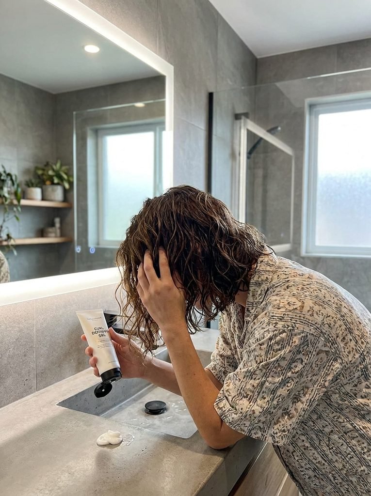 Woman scrunching styling product into damp wavy shag haircut in a modern bathroom