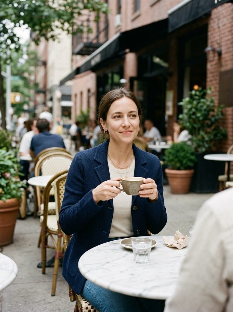 Woman in a navy knit blazer and cream top holding a coffee cup at a cafe table