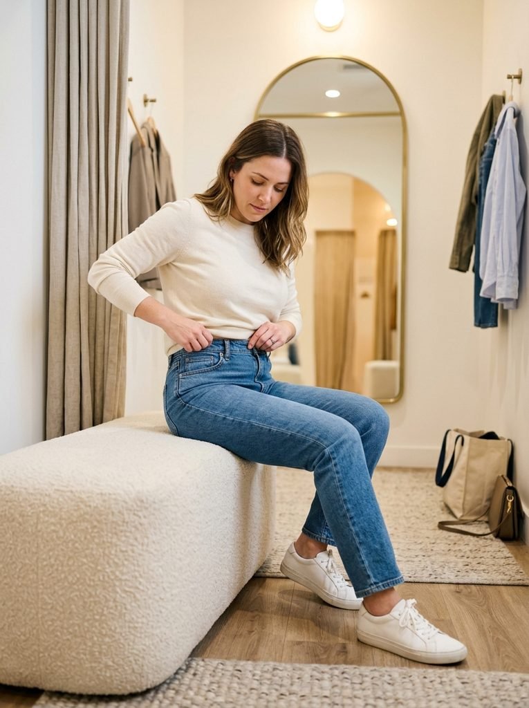 Woman seated in mid-rise straight jeans checking waistband comfort in a bright dressing area