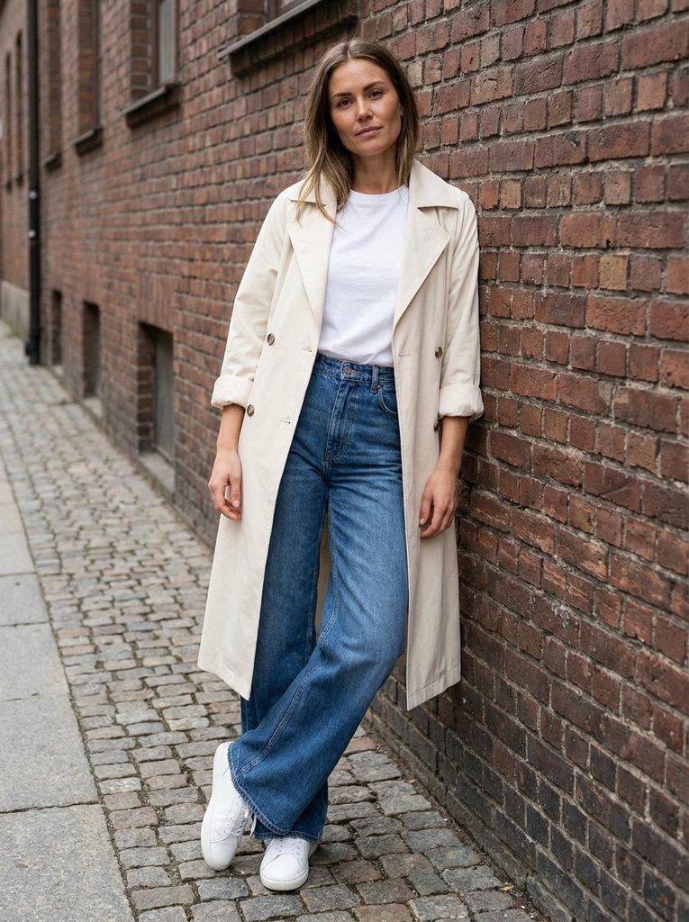 Cream trench coat worn open over a white tee, wide-leg jeans, and white sneakers beside a brick wall