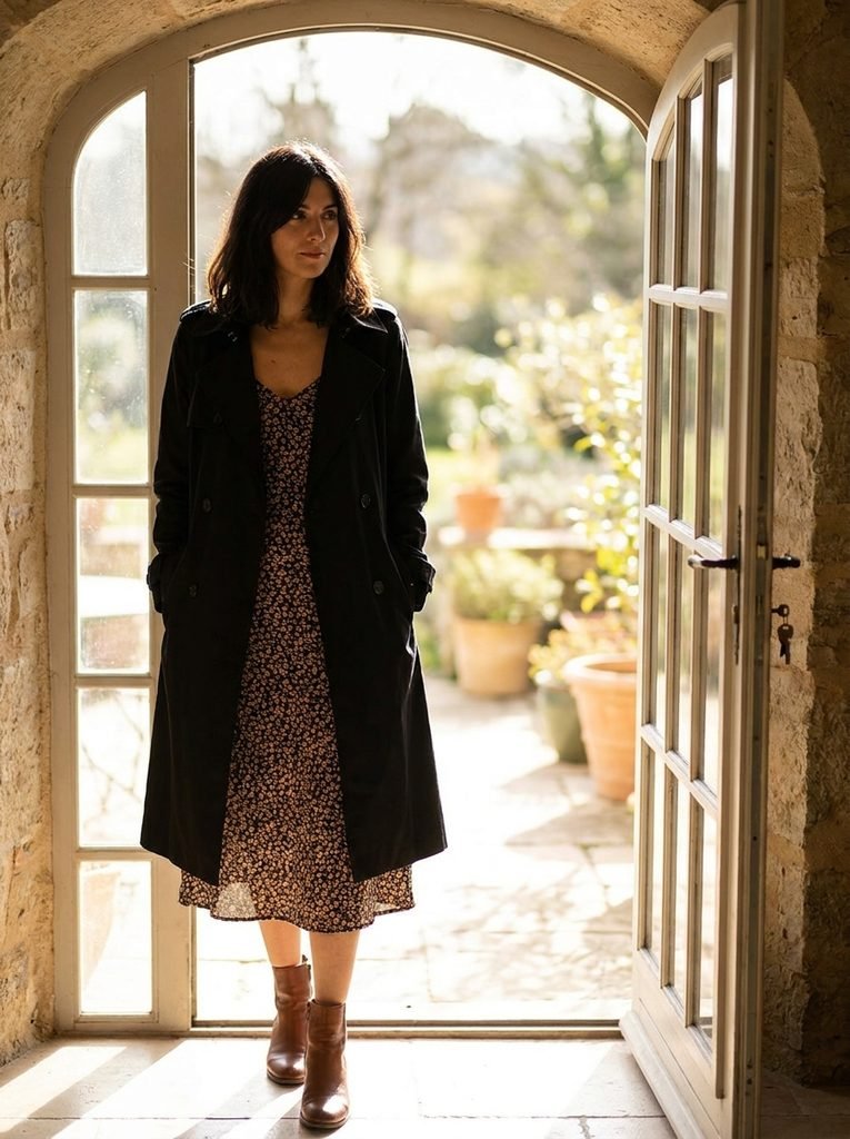 Cream trench coat worn open over a white tee, wide-leg jeans, and white sneakers beside a brick wall