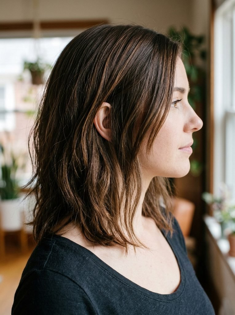 Slightly grown-out collarbone lob with softened ends in side profile