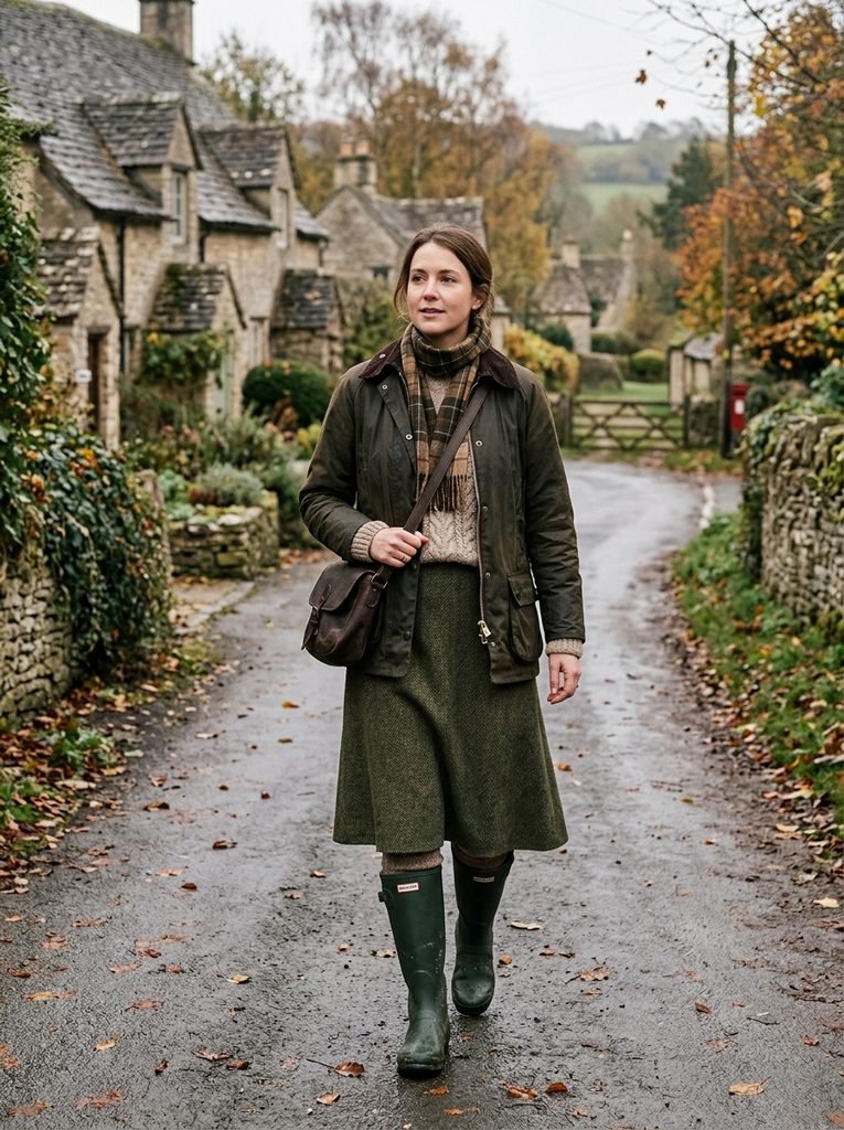 Woman in a wool midi skirt, knee-high wellies, and waxed jacket walking along a village lane