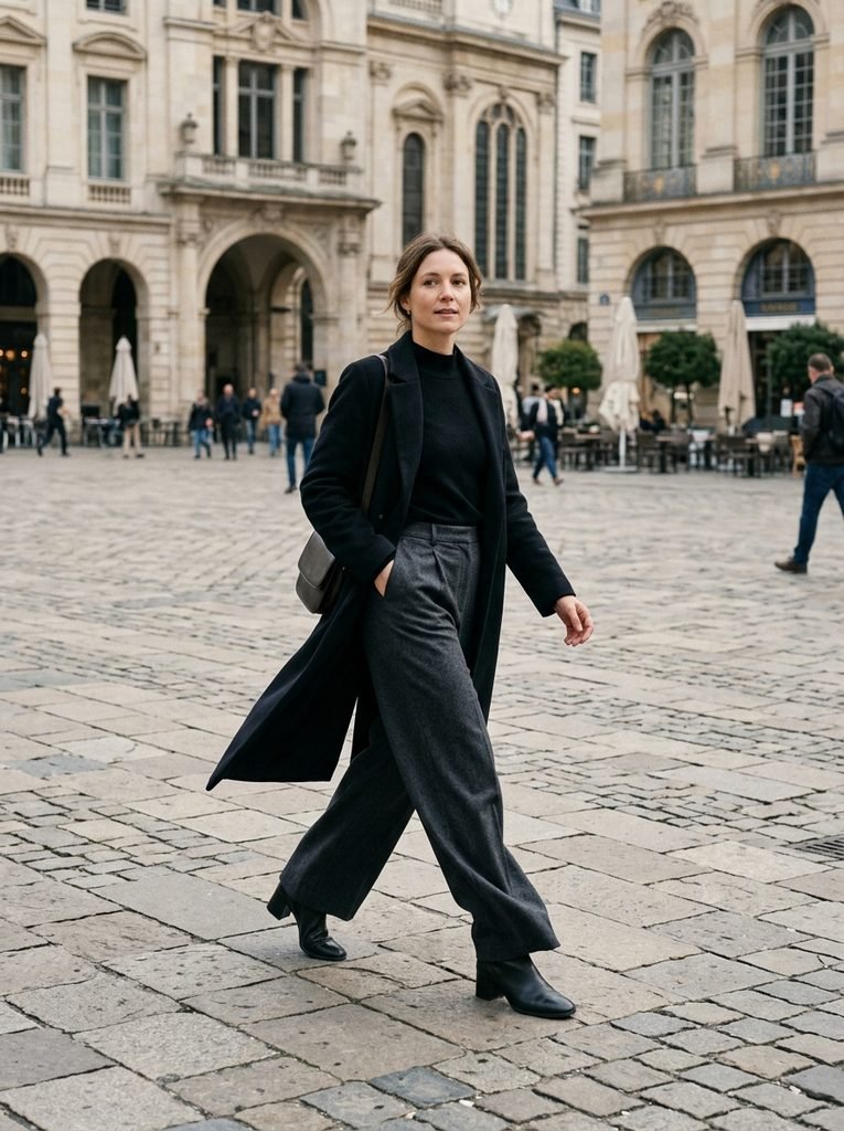 Woman in wide-leg charcoal trousers and ankle boots walking across a plaza