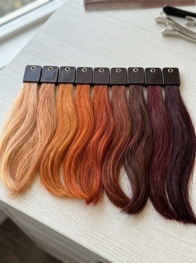Row of hair swatches showing red shades from strawberry blonde to burgundy