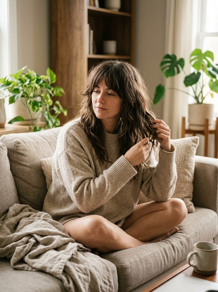 Woman finger-combing the grown-out layers of her wolf cut at home