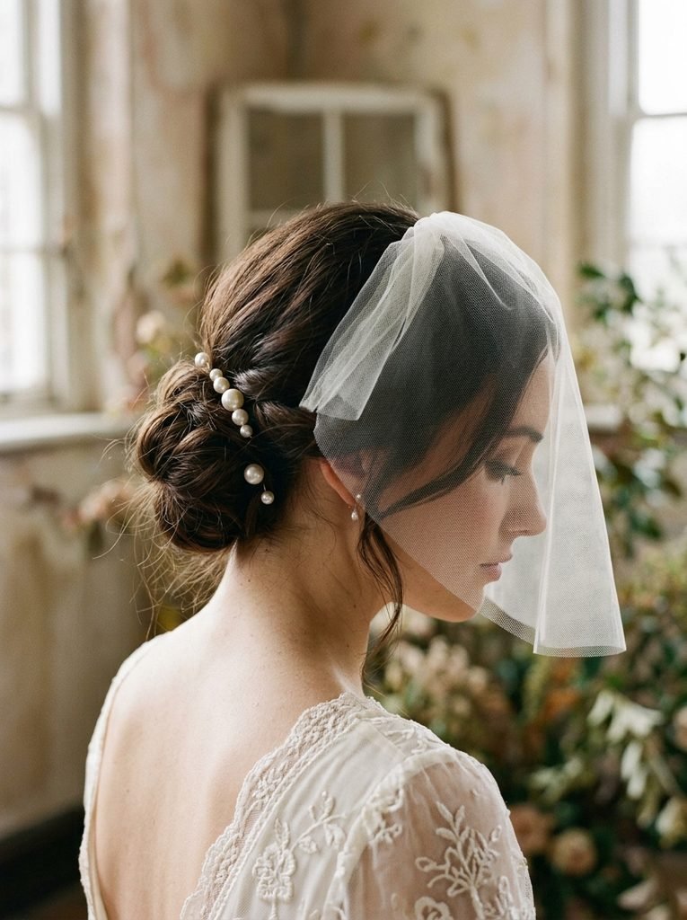 Woman with a low chignon, pearl hairpins, and a short face-framing veil in soft light