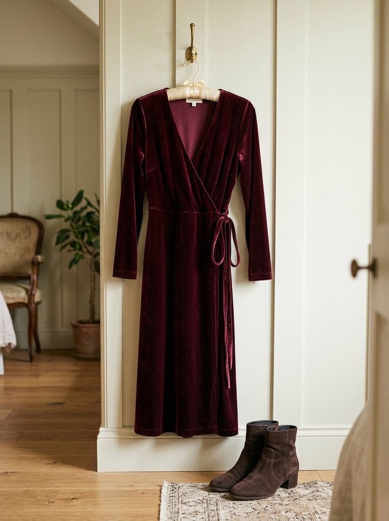 Burgundy velvet wrap dress hanging on a padded hanger beside ankle boots