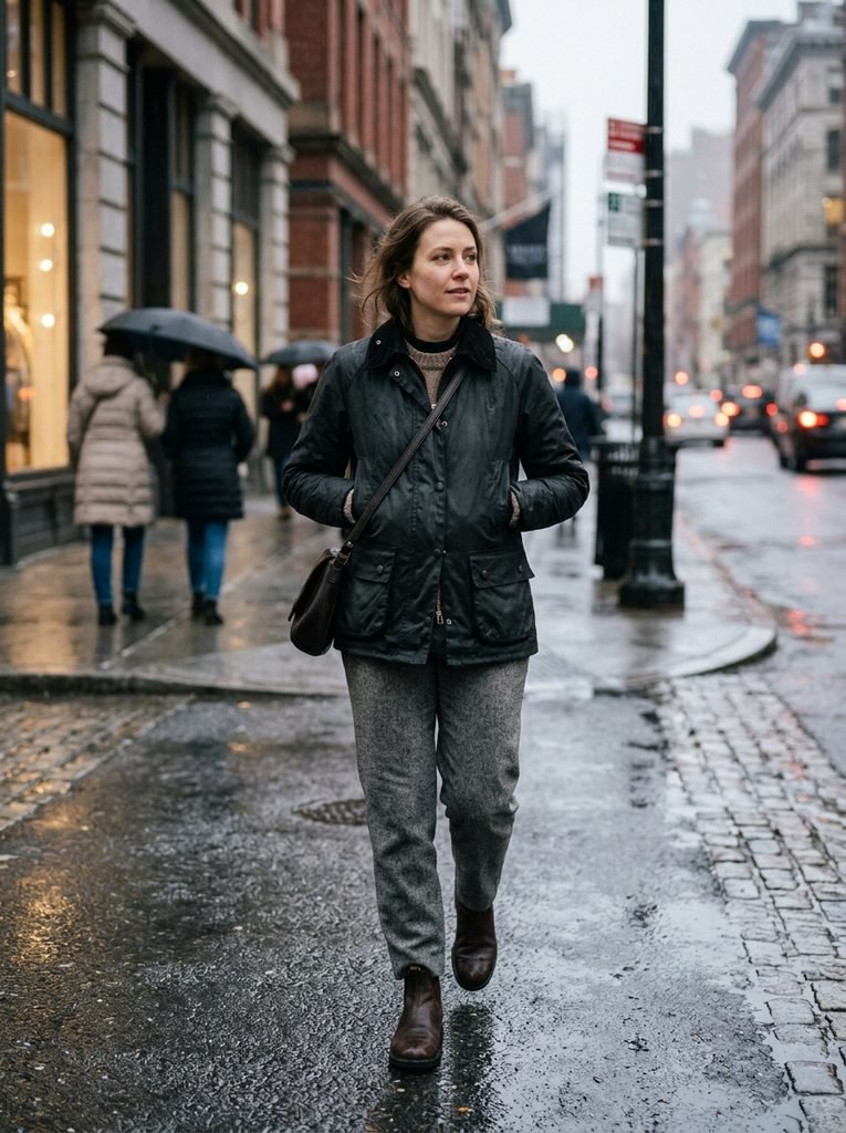 Woman in a black waxed jacket, grey wool trousers, and leather boots walking along a damp city street