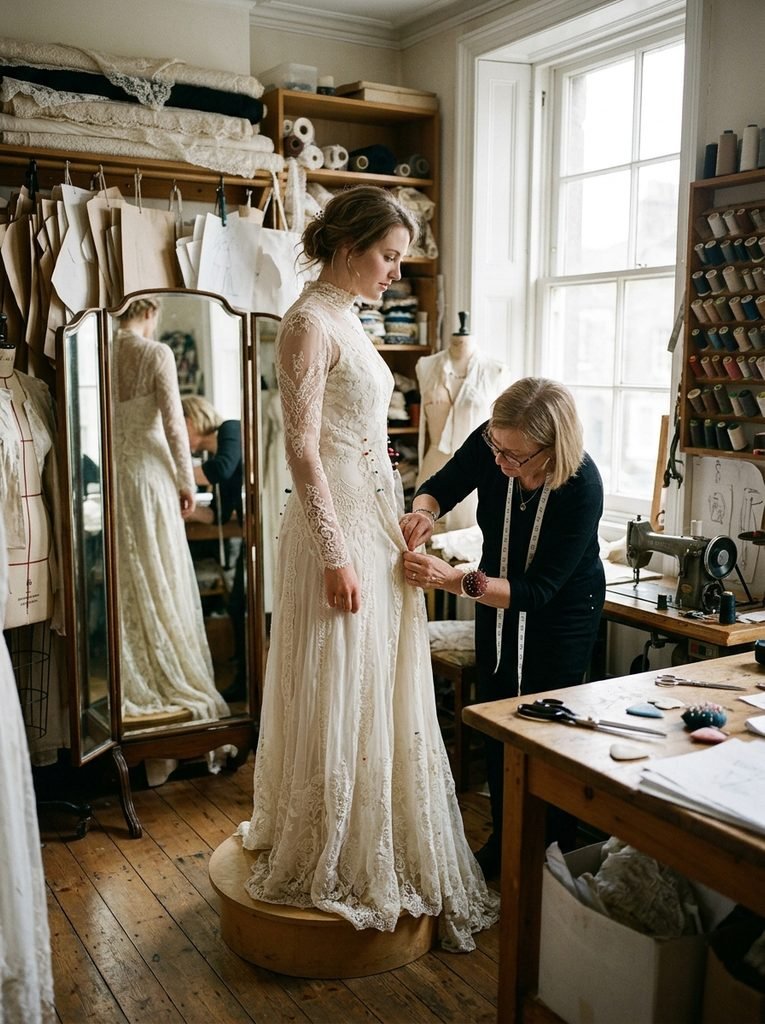 Woman wearing a vintage lace wedding dress being pinned for alterations in a sewing room