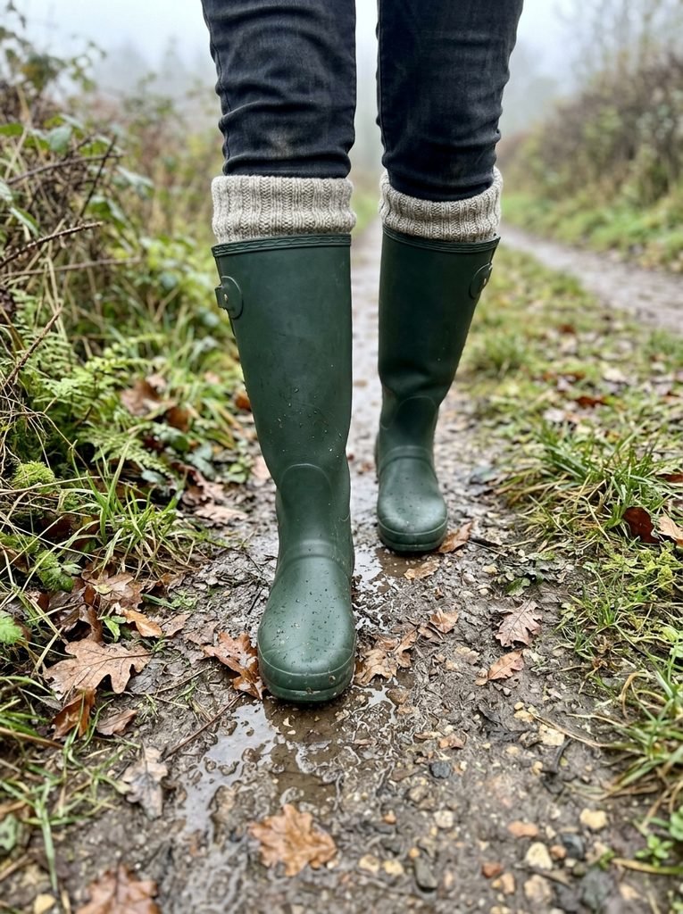 Matte green knee-high wellies with wool boot socks on a damp country path