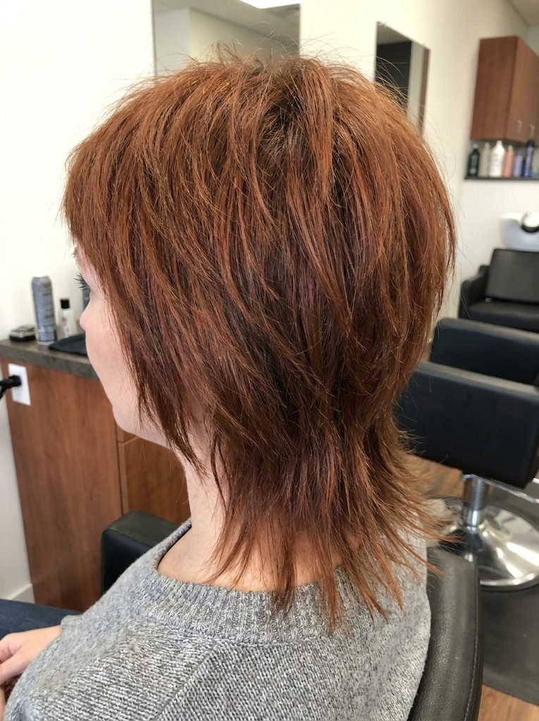 Back and side view of a shag haircut showing choppy crown layers and tapered ends