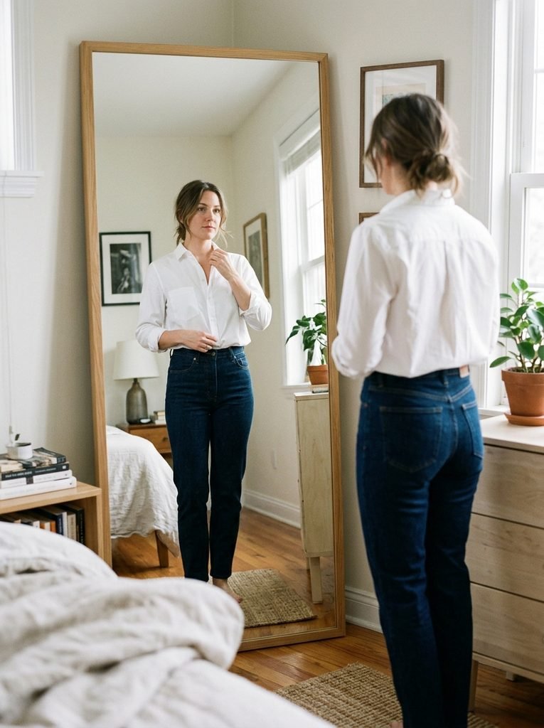 Woman checking her crisp white shirt and dark jeans in a bedroom mirror